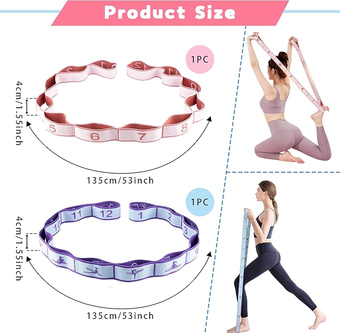 2PCS Elastic Yoga Stretching Strap with 12 Loops Stretch Resistance Exercise Bands for Yoga,Pilates,Dance,Rhythmic Gymnastics,Physical Therapy,Ballet Couple Style