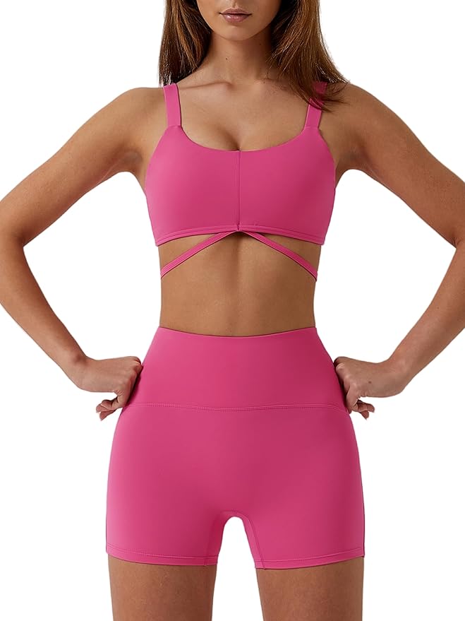 ABOCIW Workout Sets for Women 2 Piece Twist Front Halter Sports Bras High Waist Biker Shorts Exercise Gym Yoga Outfit