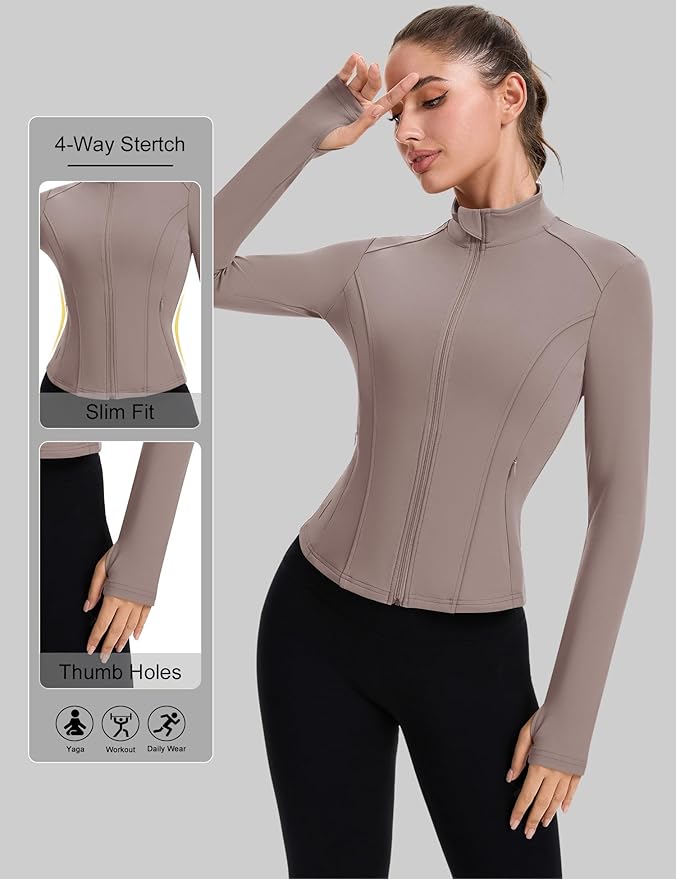ZHENWEI Workout Jackets for Women Full Zip Up Cropped Athletic Long Sleeve Lightweight Slim Fit Running Tops with Pockets