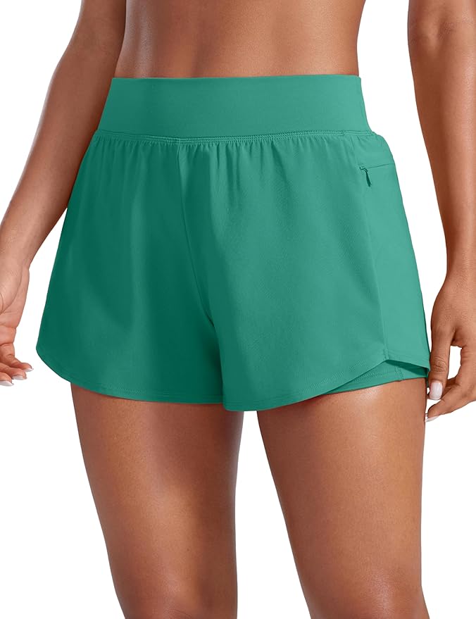 CRZ YOGA 2 in 1 Double Layer Running Shorts for Women 3" - High Waisted for Athletic Tennis Workout with Zip Pockets