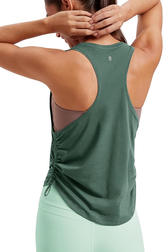 CRZ YOGA Pima Cotton Ruched Side Tank Tops for Women - Workout Athletic Casual Racerback Crewneck Loose Sleeveless Shirts