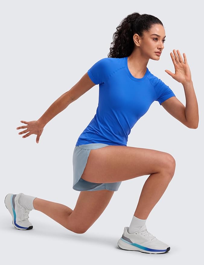 CRZ YOGA Seamless Workout Tops for Women Hip Length - Athletic Running Gym Yoga Short Sleeve Shirts Breathable Crewneck Tees