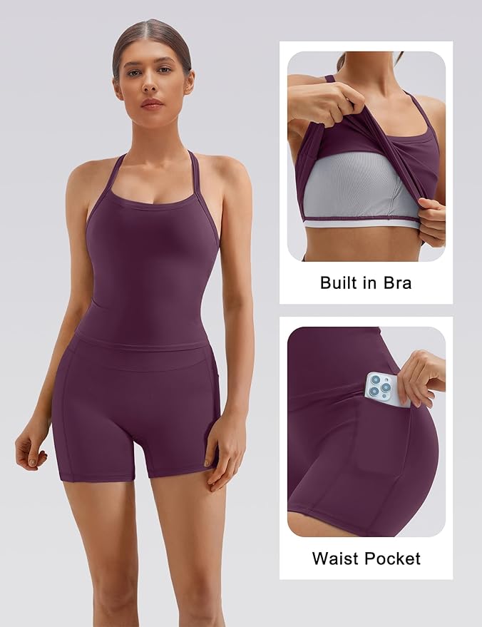 SUUKSESS Women 2 Piece Workout Sets High Waisted Biker Shorts with Pockets Built in bra Racerback Tank Tops
