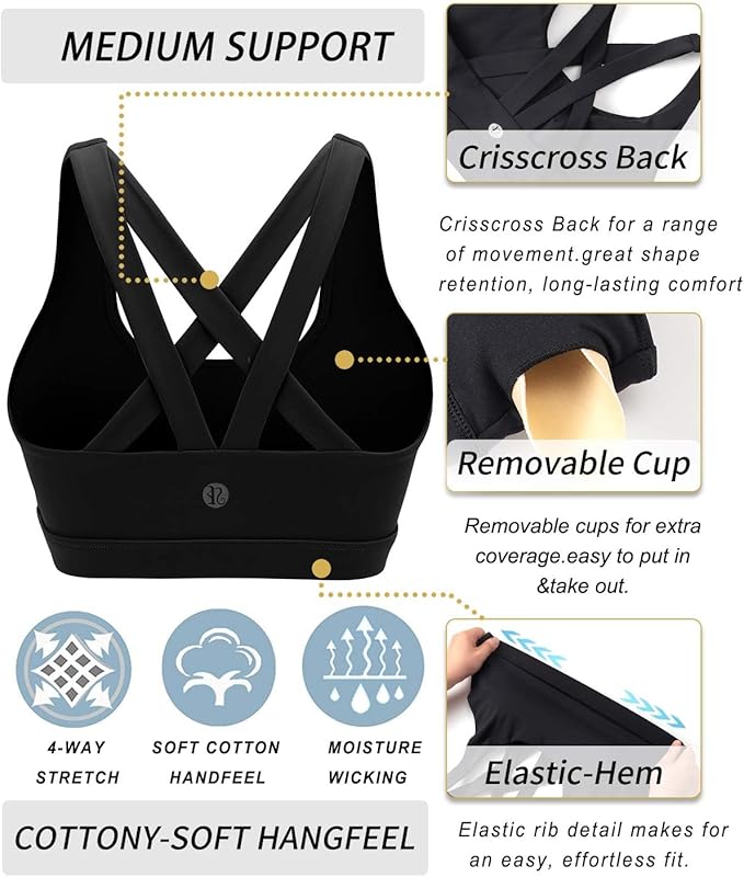 RUNNING GIRL Sports Bras for Women,Padded Strappy Sports Bras Criss-Cross Back Medium Support Sports Bras with Removable Cups