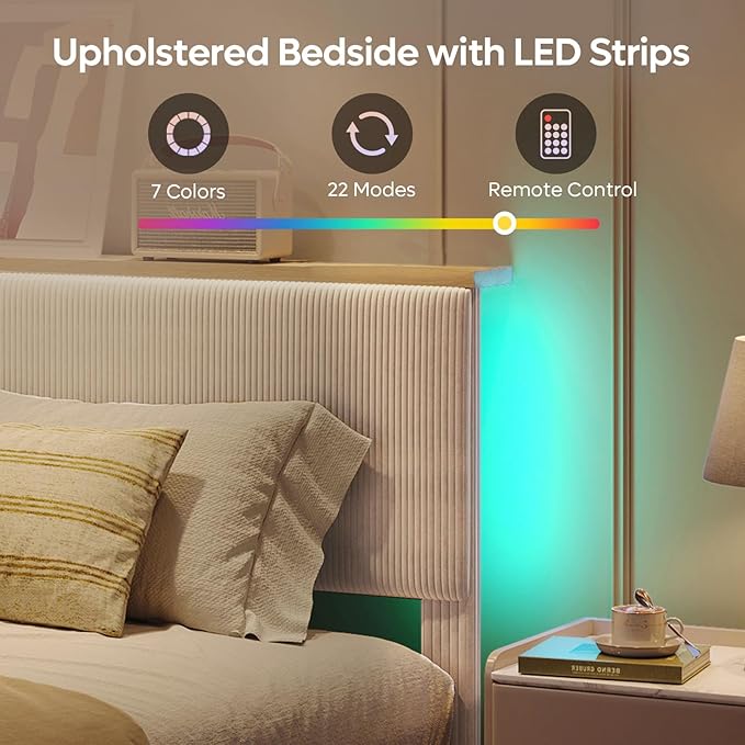 Bestier King Bed Frame with Adjustable Headboard & LED Lighting, Corduroy Upholstered Platform Bed Frame with Storage Shelf, Solid Wood Slats, No Box Spring Needed,Never Squeak, Easy Assembly, Taupe