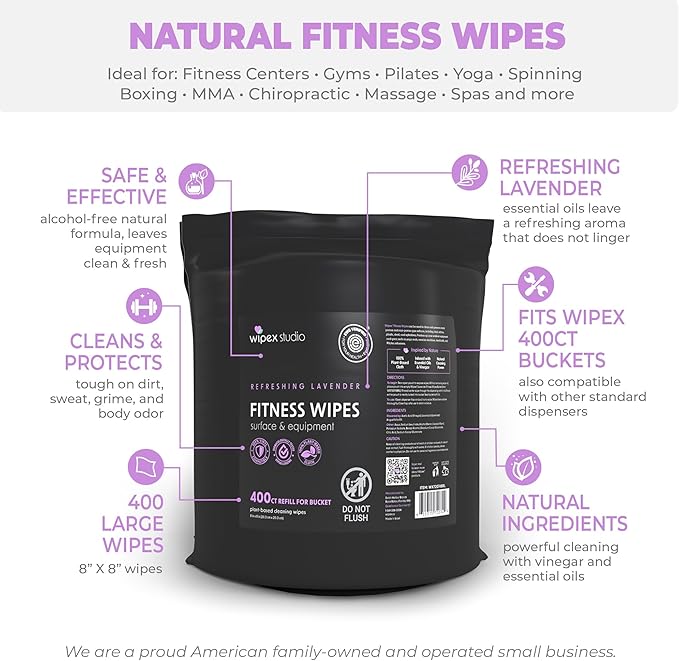 Wipex Gym Wipes for Equipment Bundle, EWG Verified, Get 800 Wipes with (1) Lavender Bucket & (1) Plant-Based Refill Roll, Clean Surfaces & Mats, Safe Gym Cleaner