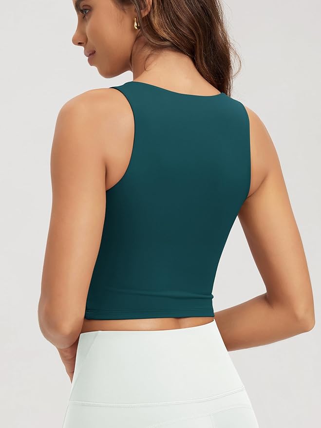 ODODOS Double Layer High Neck Crop Tank for Women Cloud Feeling Sleeveless Casual Yoga Cropped Tops