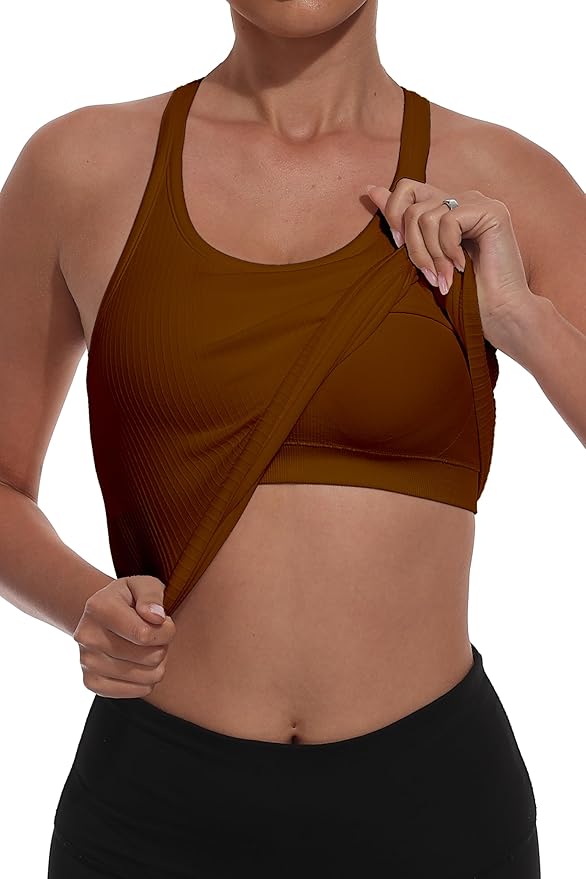 YIOIOIO Women Ribbed Workout Crop Tops with Built in Bra Seamless Yoga Racerback Tank Top Tight Fit