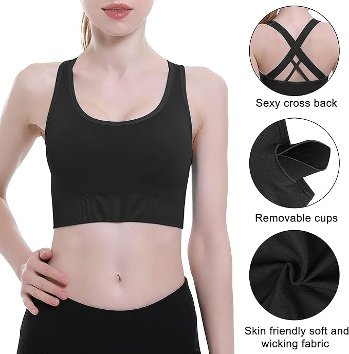 Double Couple Sports Bras for Women Padded High Impact Seamless Criss Cross Back Workout Tops Gym Activewear Bra Large