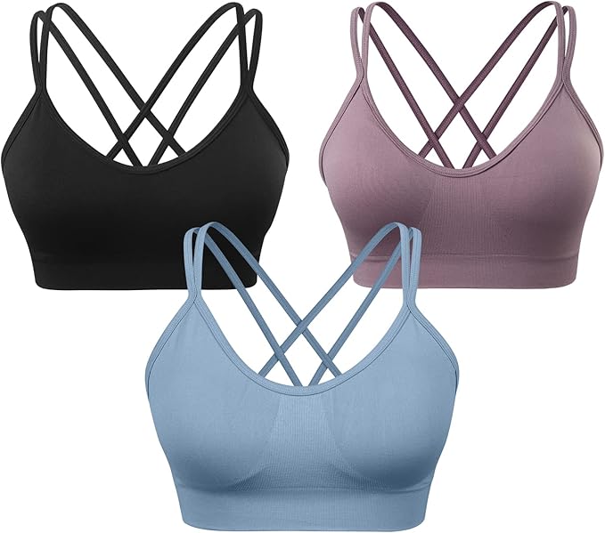 VEQKING Women's Cross Back Sports Bra Padded Strappy Medium Support Yoga Bra for Workout Fitness 3 Pack