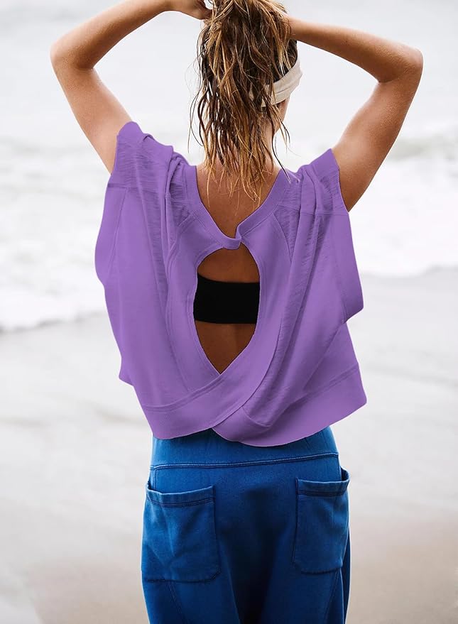 Kumufenc Women Short Sleeve Workout Shirts Open Back Tops Casual Yoga Y2k Athletic Gym Slouchy Crop Running Tees