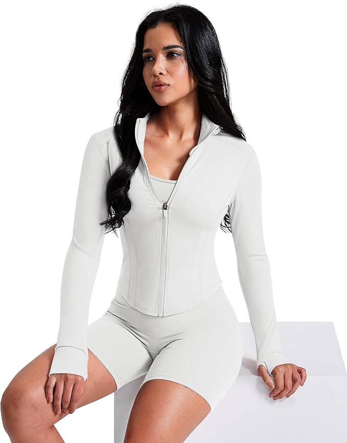 AVGO Women's Workout Jacket Lightweight Zip Up Crop Top Running Sportwear Slim Fit Gym Jackets With Thumb Holes