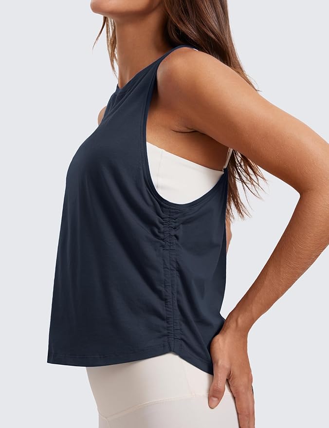 CRZ YOGA Pima Cotton Ruched Side Tank Tops for Women - Workout Athletic Casual Racerback Crewneck Loose Sleeveless Shirts