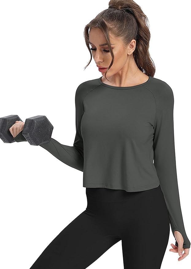 Bestisun Long Sleeve Athletic Workout Shirts Sports Yoga Gym Crop Tops for Women