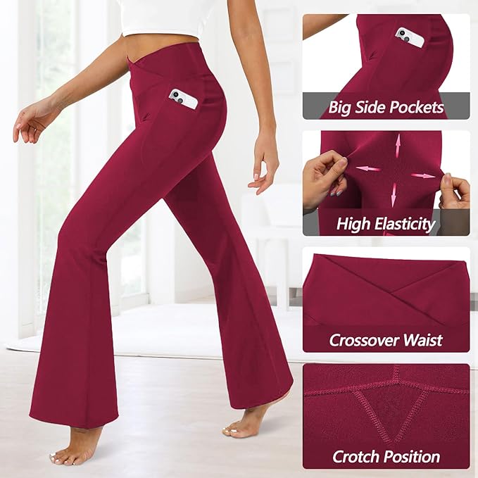 DLOODA Women's Flare Leggings with Pockets Crossover High Waisted Bootcut Yoga Pants Tummy Control Bell Bottom Leggings