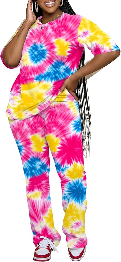 PINSV Women 2 Piece Outfits Short Sleeve Top and Flare Pants Lounge Sets Tracksuit
