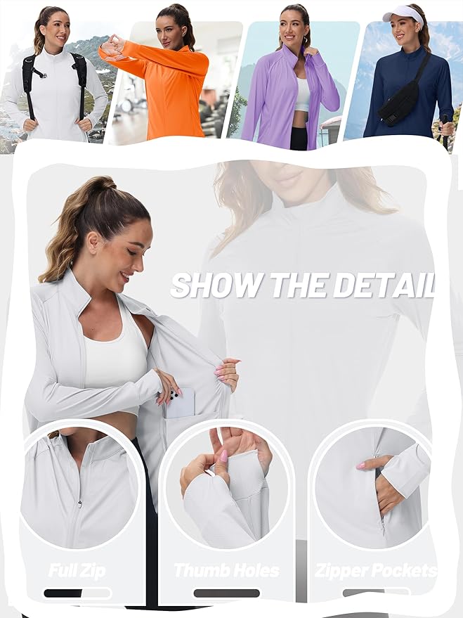 TACVASEN Women's Athletic Jackets Lightweight UV Protection Shirts Full Zip Workout Jacket UPF 50+ Long Sleeve Sun Shirt