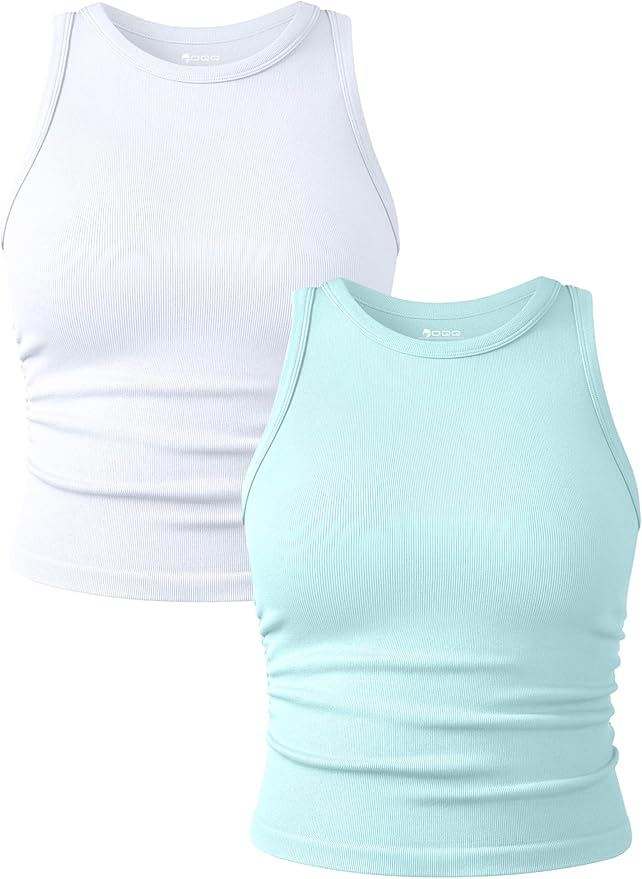 OQQ Women's 2 Piece Tank Tops Crew Neck Sleeveless Basic Stretch Casusal Yoga Crop Camis