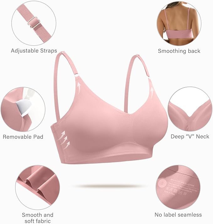DEANGELMON V Neck Bra Padded Seamless Adjustable Straps Bralettes Everyday Basic Sleeping Bras Multiple Pack