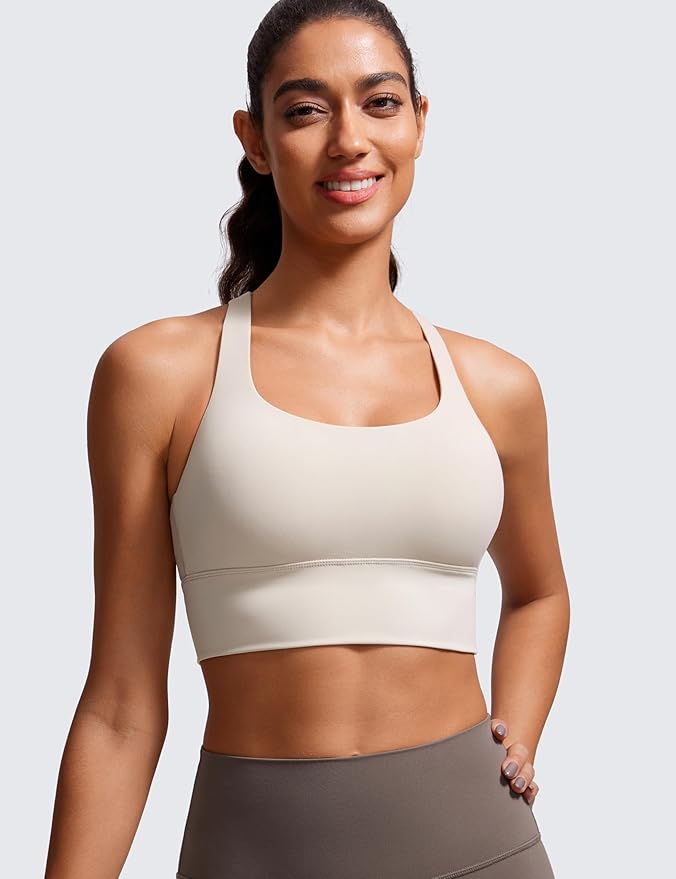 CRZ YOGA Naked Feeling Strappy Longline Sports Bras for Women - Medium Impact Criss Cross Yoga Padded Workout Crop Top
