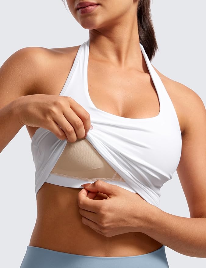 CRZ YOGA Butterluxe Halter Crop Tank Tops for Women - Open Back Padded Longline Sports Bras Workout Gym