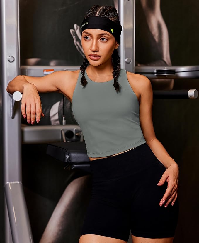 PINSPARK Women Sports Bra High Neck Racerback Workout Crop Tank Top Longline Padded Yoga Tops with Built in Pads