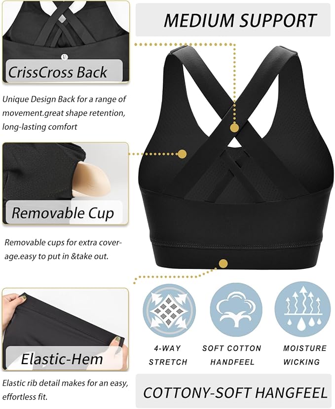 RUNNING GIRL Sports Bras for Women,Padded Strappy Sports Bras Criss-Cross Back Medium Support Sports Bras with Removable Cups