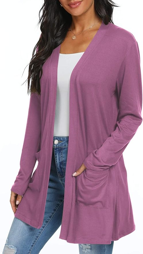 Womens Casual Lightweight with Pocketes Long Sleeve Open Front Cardigan