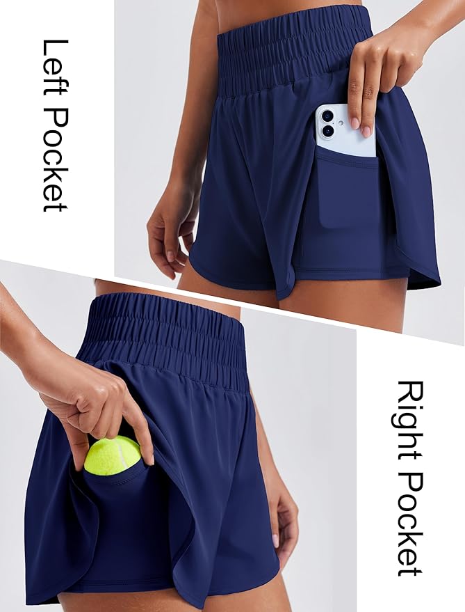PINSPARK Women's 2 in 1 Running Shorts High-Split Athletic Short High Waisted 3" Liner Workout Gym Short with Pockets