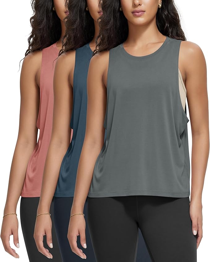 ODODOS 3-Pack Loose Tank Tops for Women Sleeveless Gym Athletic Workout Tops Yoga Shirts