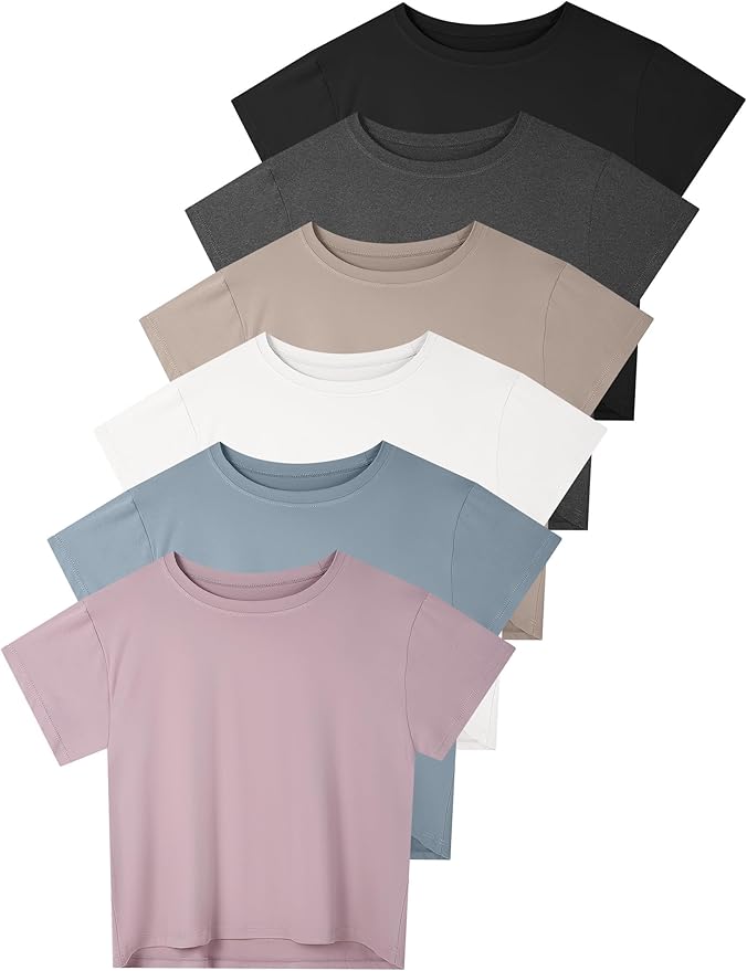 Dalavch 6 Pack Women's Crop Top Short Sleeve Athletic Workout Yoga Running Gym Casual Tees T-Shirts Loose Fit