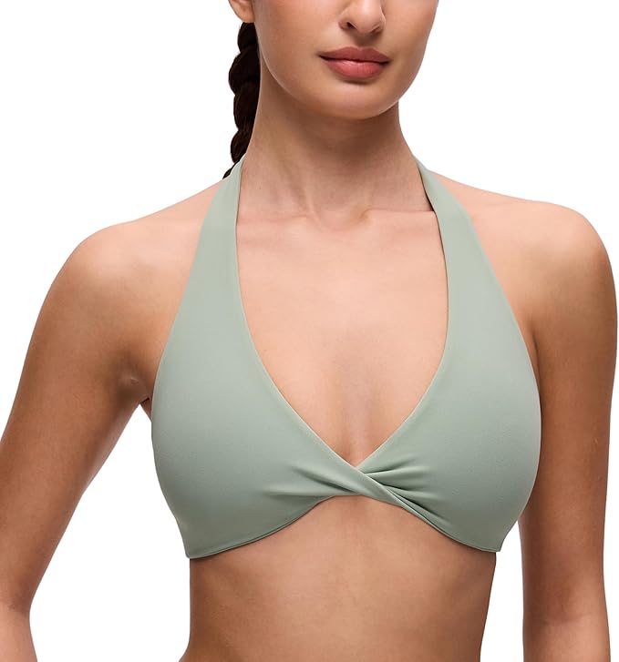 CRZ YOGA Butterluxe Double Lined Twist Halter Sports Bras for Women - Deep V Neck Crop Top Casual Open Back Non Padded