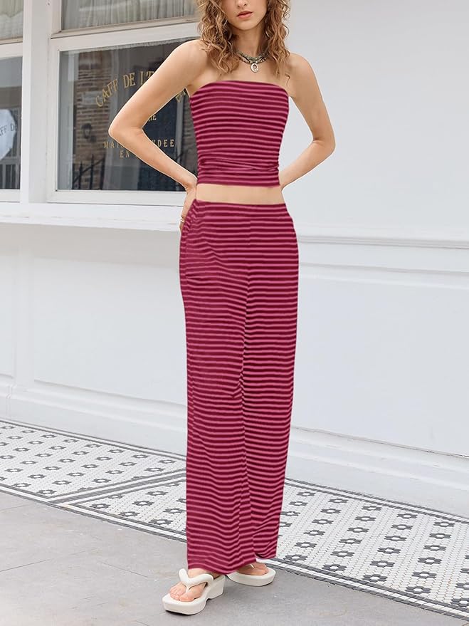 Tankaneo Womens Striped 2 Piece Sets Summer Strapless Crop Tube Tops Wide Leg Pants Matching Lounge Set Vacation Outfits