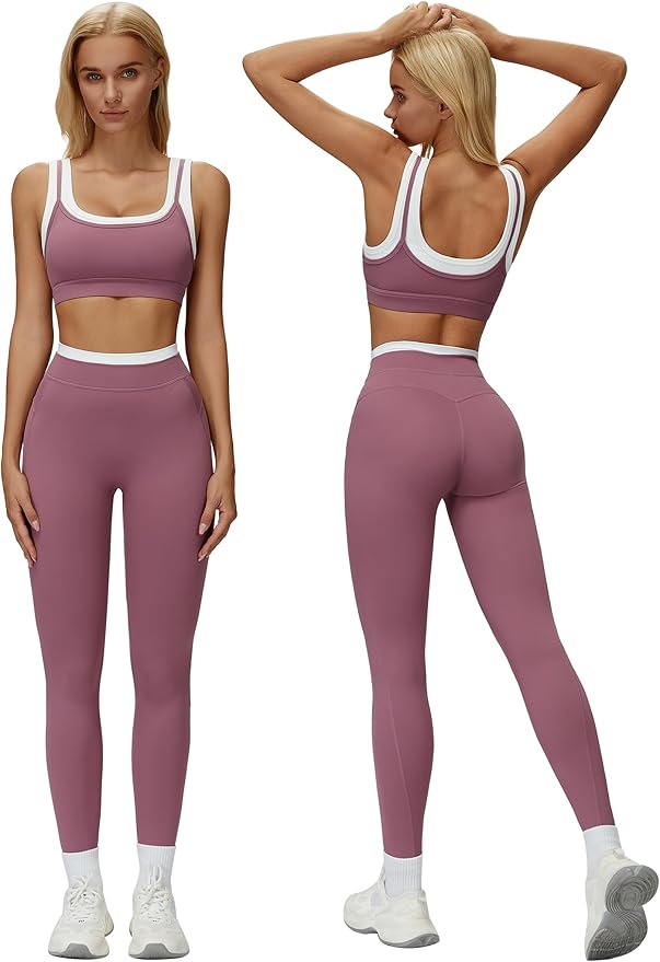 ABOCIW Two Piece Workout Sets for Women Layer Sports Bra Tummy Control High Wait Leggings Gym Yoga Outfits