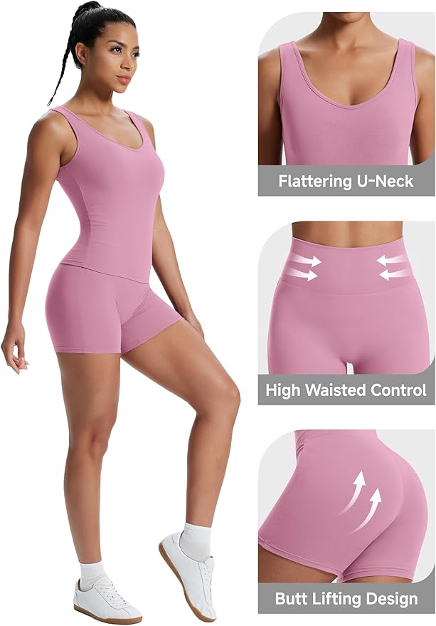 Alaroo Workout Sets for Women 2 Piece U Neck Crop Tank Top High Waisted Shorts Athletic Gym Yoga Outfits Activewear