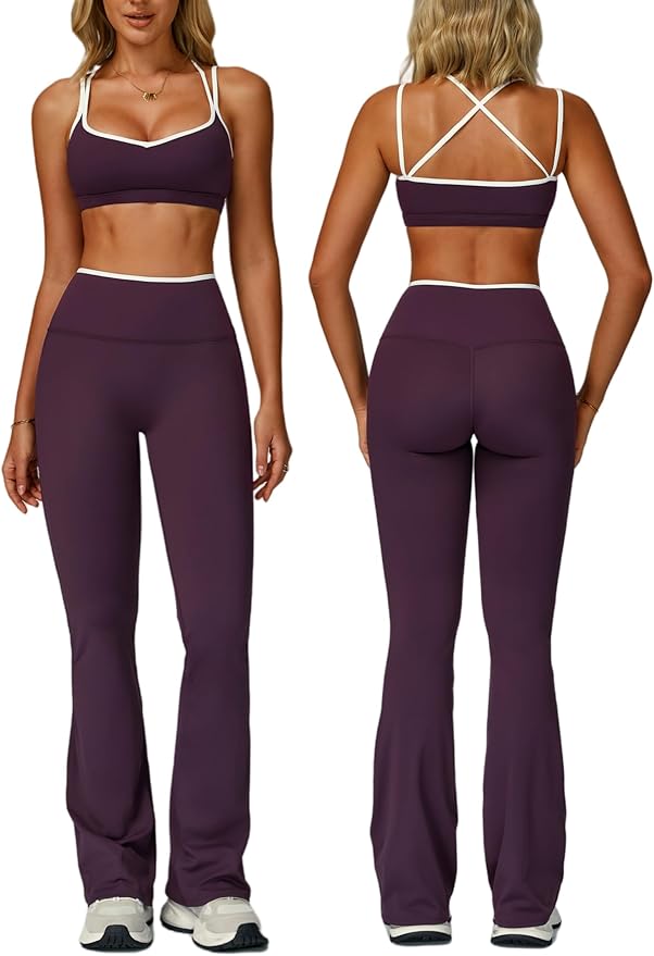 ABOCIW Workout Sets for Women 2 Piece Color Block Strappy Sports Bra High Waist Flare Leggings Gym Yoga Pilates Outfits