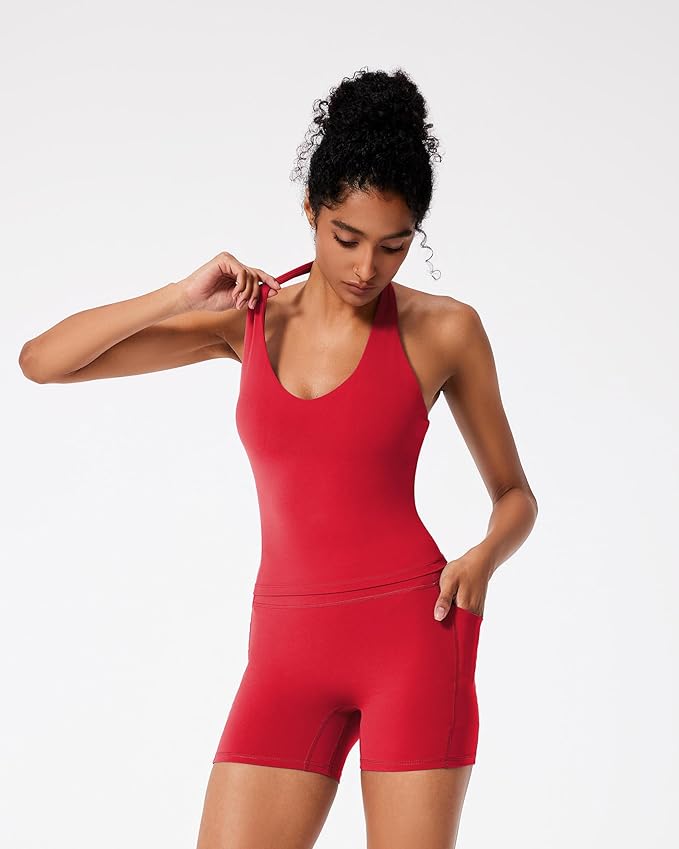 RXRXCOCO Halter Workout Sets for Women 2 Piece V Neck Tank Tops Hidden Scrunch Booty Shorts Gym Outfits with Pockets