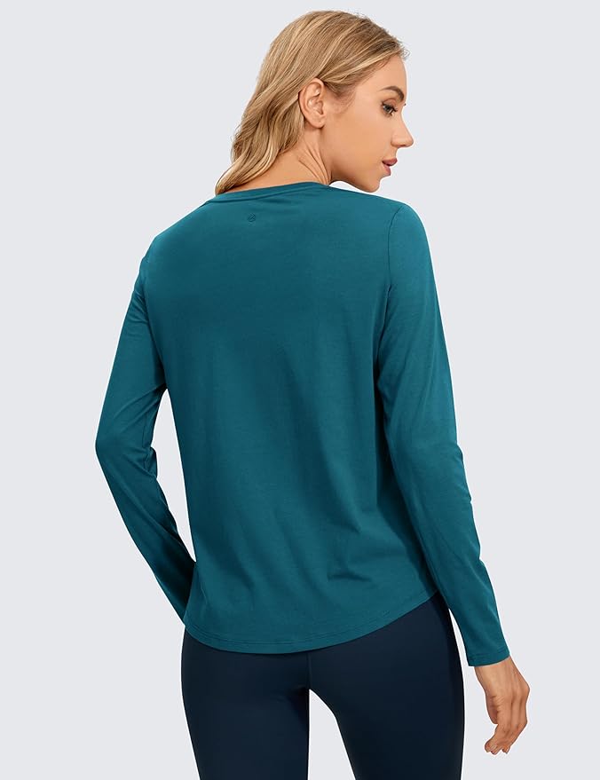 CRZ YOGA Pima Cotton Crewneck Long Sleeve Shirts for Women - Workout Athletic Yoga Casual Tops Soft Plain T-Shirt