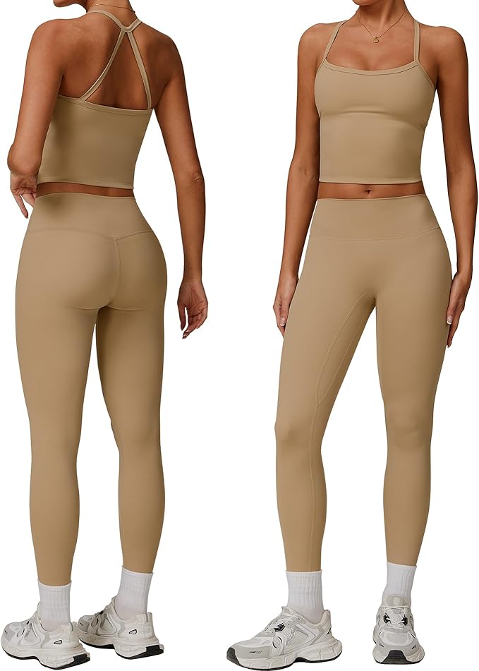 Women 2 Piece Workout Sets (NEW) Yoga Outfit Open Back Tank Top High Waisted Leggings Gym Sets Tracksuits