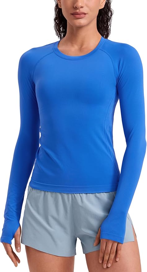 CRZ YOGA Seamless Long Sleeve Shirts for Women Waist Length - Workout Athletic Running Gym Yoga Tops Crewneck Breathable