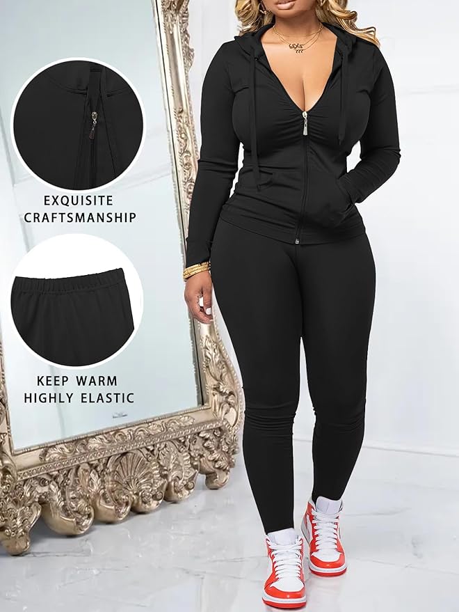 Women Two Piece Outfits Workout Sets Bodycon Legging Jacket Tracksuit Zip Up Hoodie Jogger Matching Sweat Pants Set