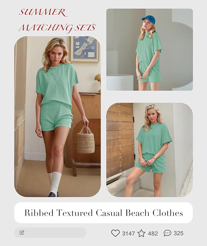 MARZXIN Women 2 Piece Shorts Set 2026 Casual Summer Cruise Outfits Ribbed Loose Short Sleeve Pocket Matching Lounge Sets