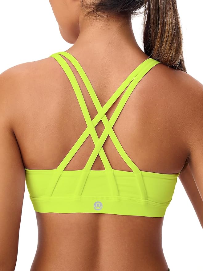 Women's Strappy Sports Bras Light Compression Crop Criss Cross Back Padded Workout Yoga Bra Supportive U Neckline