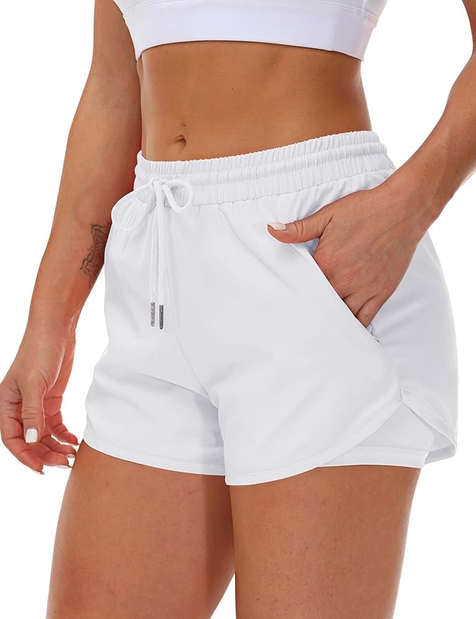 Mancreda Women's Running Shorts with Liner 3 Zipper Pockets Elastic Workout Athletic Gym Yoga Shorts