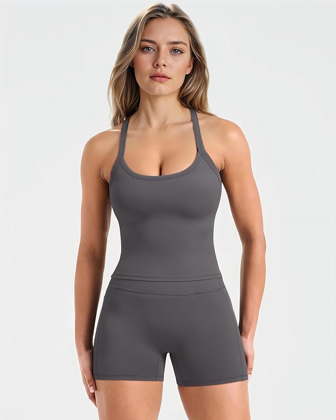 SUUKSESS Women 2 Piece Workout Sets High Waisted Biker Shorts with Pockets Built in bra Racerback Tank Tops