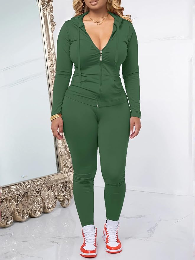 AUXDIO Women 2 Piece Outfits Casual Workout Sets Bodycon Tracksuit Zip Up Long Sleeve Hoodle Jacket Jogger Pants Set