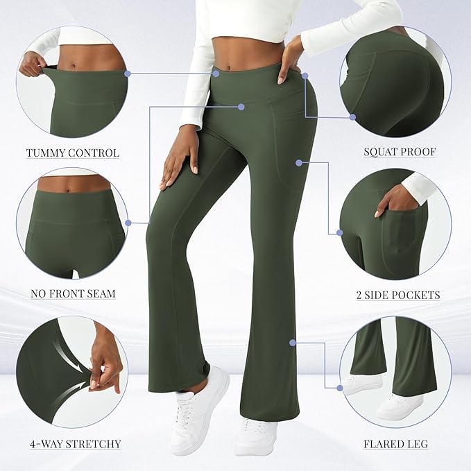 COPYLEAF Womens Yoga Pants with Pockets High Waisted Flare Leggings Bell Bottom Yoga Dress Pants Seamless Bootcut Pants