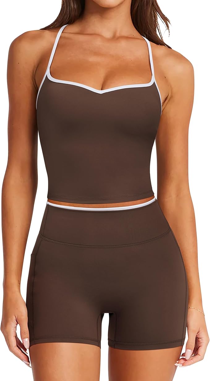 RXRXCOCO Color Block Workout Sets for Women 2 Piece Padded Strappy Tank Tops Hidden Scrunch Booty Shorts with Pockets