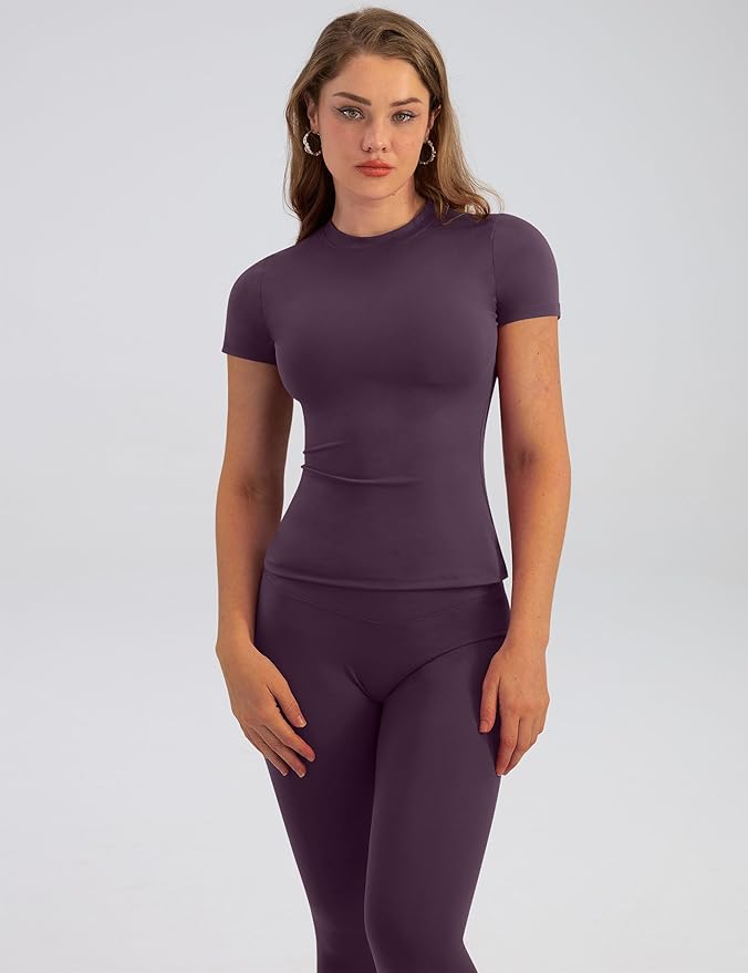 Relety Womens Two Piece Workout Sets Slim Fit Short Sleeve Shirt High Waist Leggings Yoga Outfits Matching Gym Set