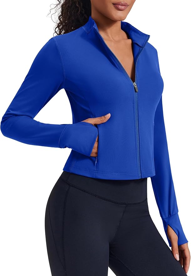 PINSPARK Women Cropped Workout Jackets Full Zip Slim Fit Athletic Jackets Thumb Holes Running Jacket with Zipper Pockets
